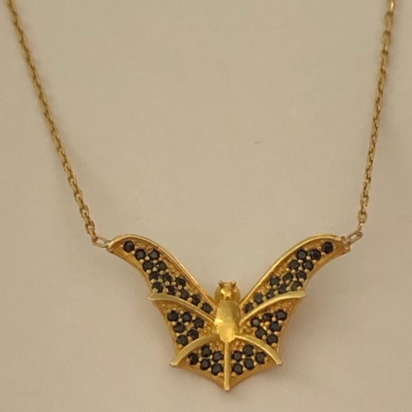 Jewelry - Silver bat necklace black cz yellow gold plated
